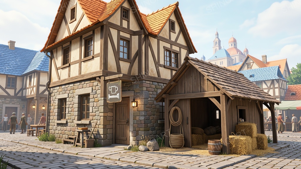 中世ファンタジー|城下町の二階建て宿屋・酒場|10枚セット