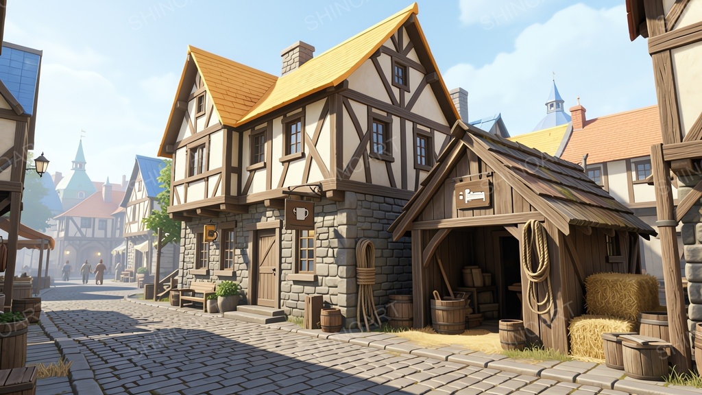 中世ファンタジー|城下町の二階建て宿屋・酒場|10枚セット