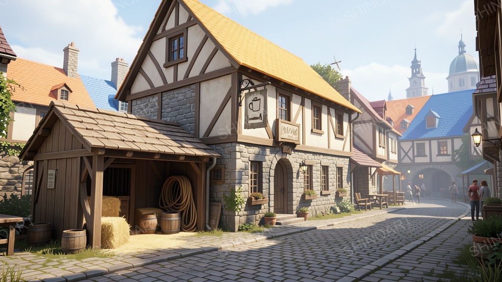 中世ファンタジー|城下町の二階建て宿屋・酒場|10枚セット