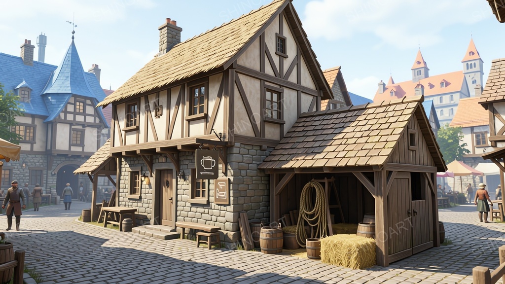 中世ファンタジー|城下町の二階建て宿屋・酒場|10枚セット