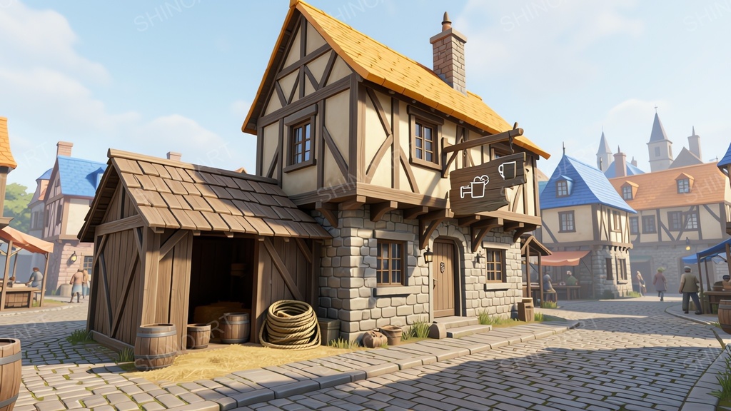 中世ファンタジー|城下町の二階建て宿屋・酒場|10枚セット