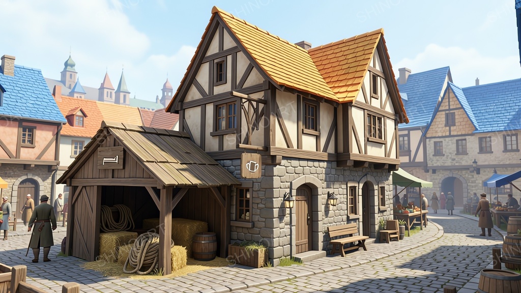 中世ファンタジー|城下町の二階建て宿屋・酒場|10枚セット