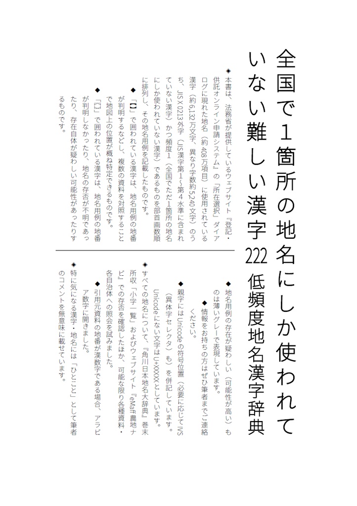 全国で1箇所の地名にしか使われていない難しい漢字222 低頻度