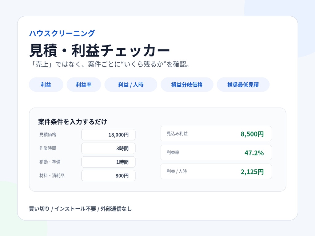 ハウスクリーニング 見積・利益チェッカー v1.0｜移動時間・材料費・手数料まで含めて「いくら残るか」を自動計算