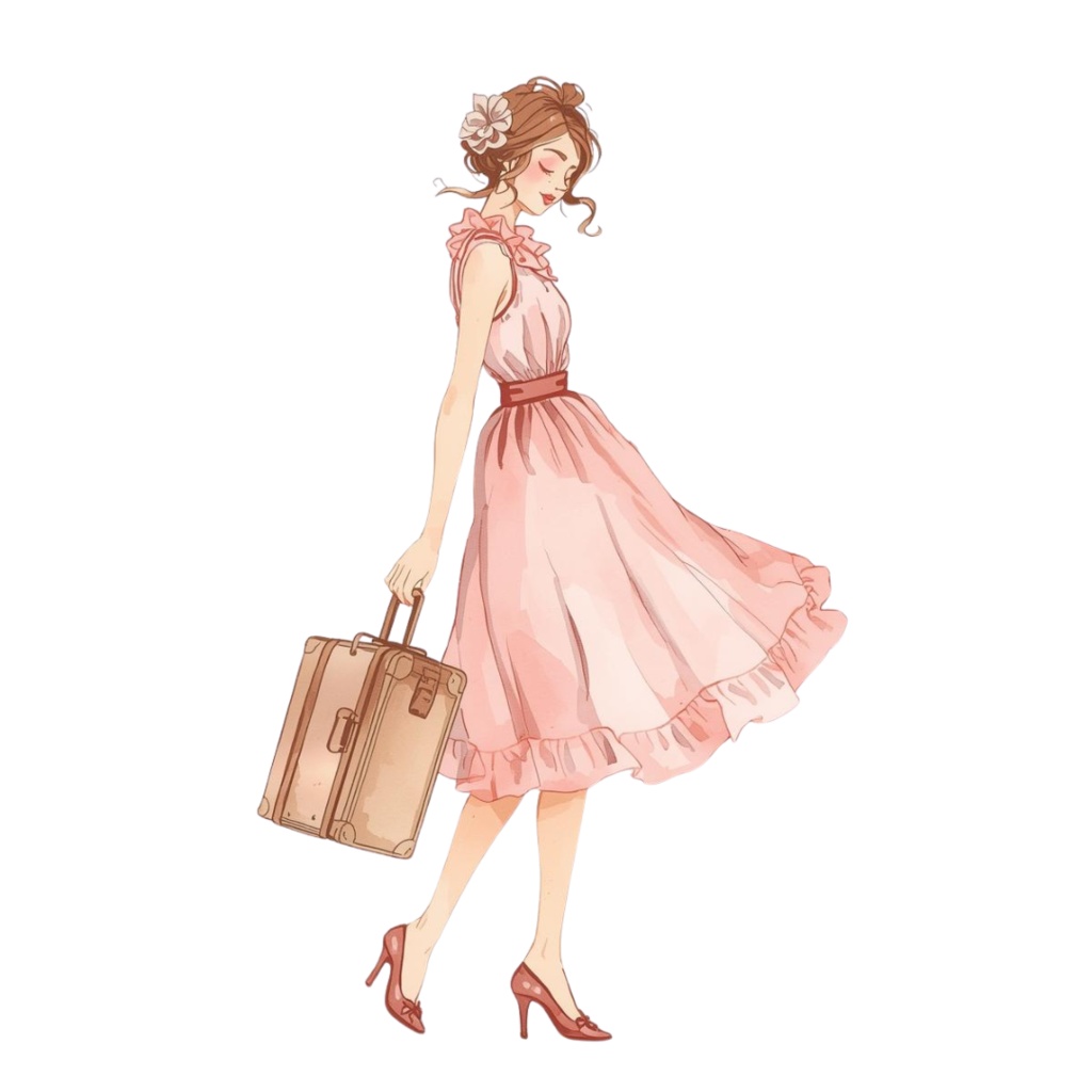 水彩画風 ピンクアンティーク旅行クリップアートセット(全10種類/PNG)