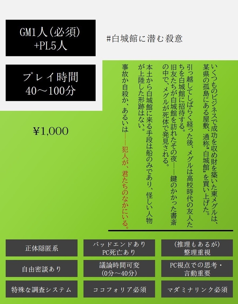 【マダミス風人狼系STG(GM必須、PL5)】白城館に潜む殺意