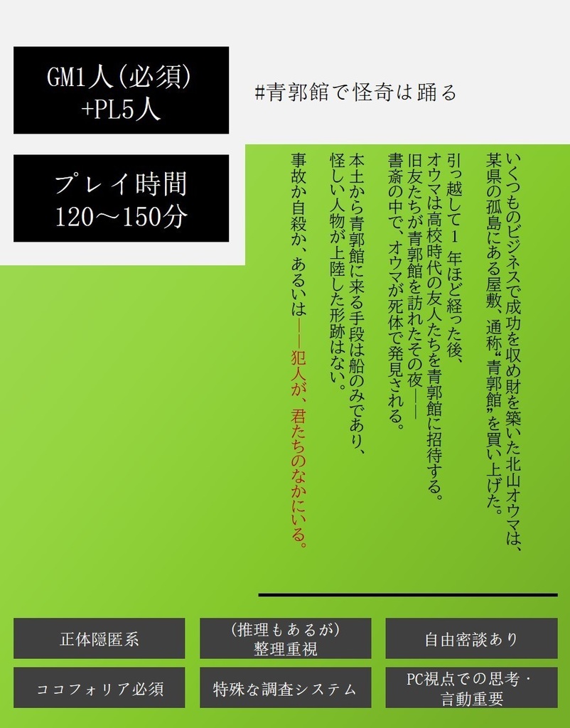 【マダミス(GM必須、PL5)】青郭館で怪奇は踊る