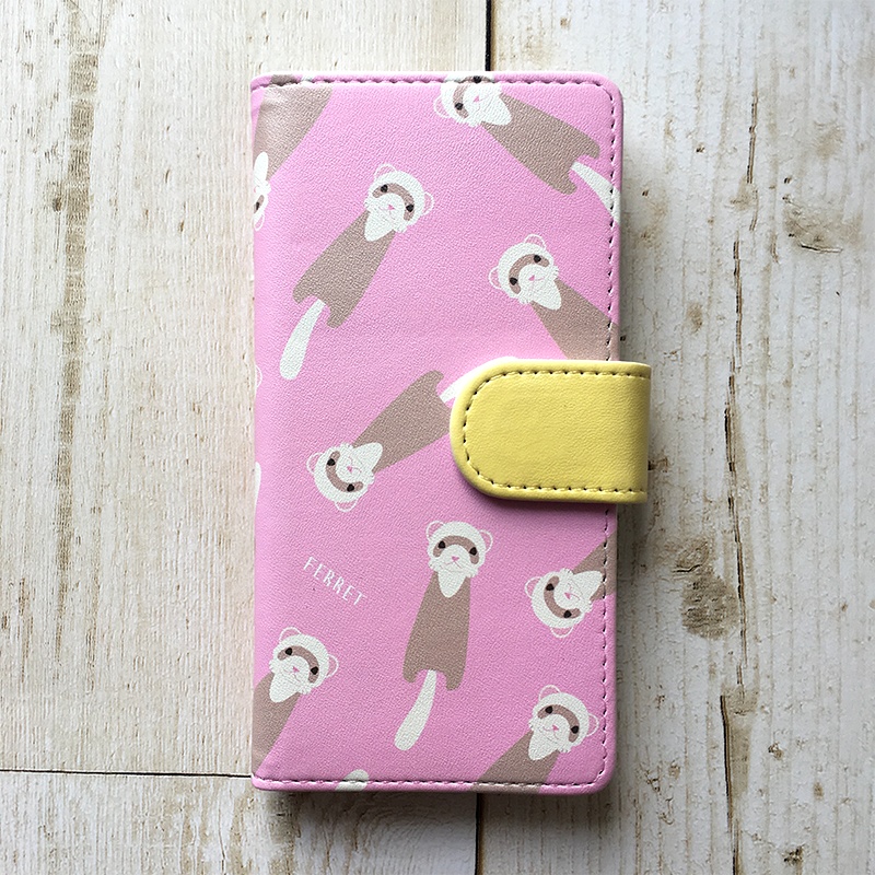 にょろにょろフェレットの手帳型ケース(ピンク) 全機種対応 手帳型 スマホケース iphone15 iphone16 iphone14 iPhone17 Air フェレット