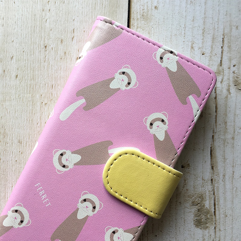 にょろにょろフェレットの手帳型ケース(ピンク) 全機種対応 手帳型 スマホケース iphone15 iphone16 iphone14 iPhone17 Air フェレット