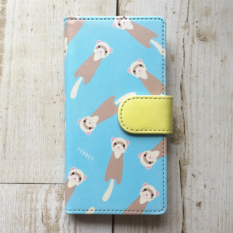 にょろにょろフェレットの手帳型ケース(ライトブルー) 全機種対応 手帳型 スマホケース iPhone17 Air iphone15 iphone16e iphone14 フェレット