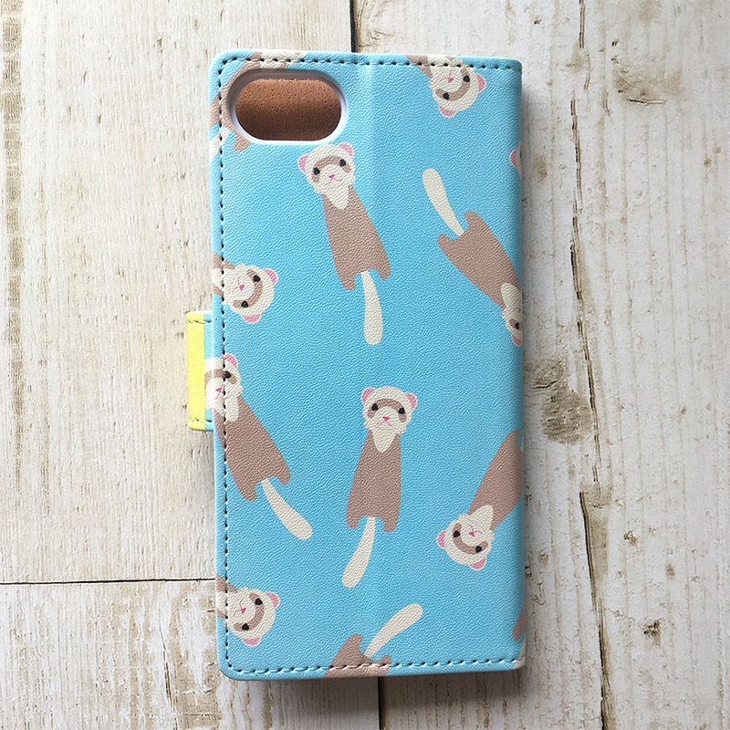 にょろにょろフェレットの手帳型ケース(ライトブルー) 全機種対応 手帳型 スマホケース iPhone17 Air iphone15 iphone16e iphone14 フェレット