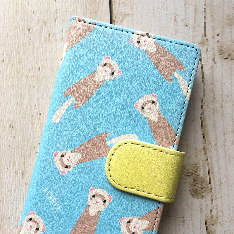 にょろにょろフェレットの手帳型ケース(ライトブルー) 全機種対応 手帳型 スマホケース iPhone17 Air iphone15 iphone16e iphone14 フェレット