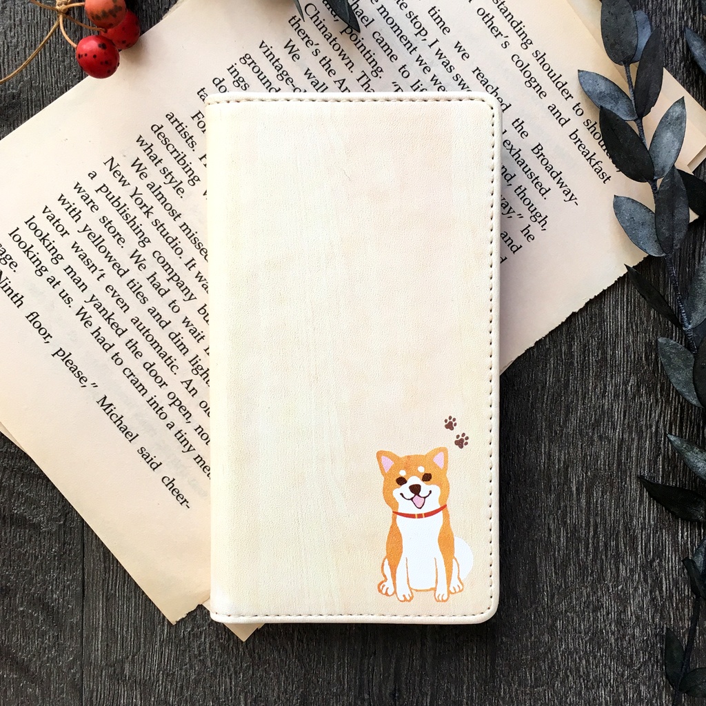 まんまる柴犬のウッド調手帳型ケース(赤柴) iphone16 iphone14 iphone15 全機種対応 犬 柴犬