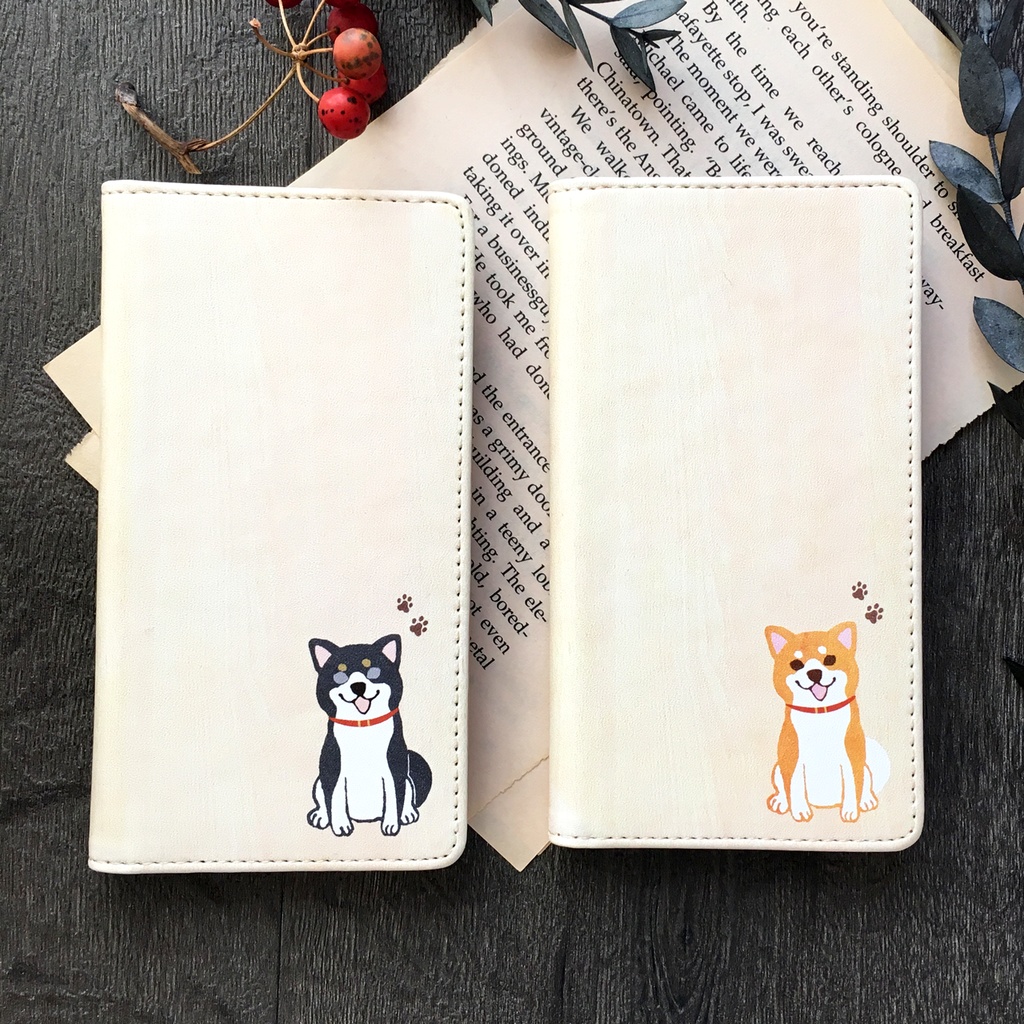 まんまる柴犬のウッド調手帳型ケース(赤柴) iphone16 iphone14 iphone15 全機種対応 犬 柴犬