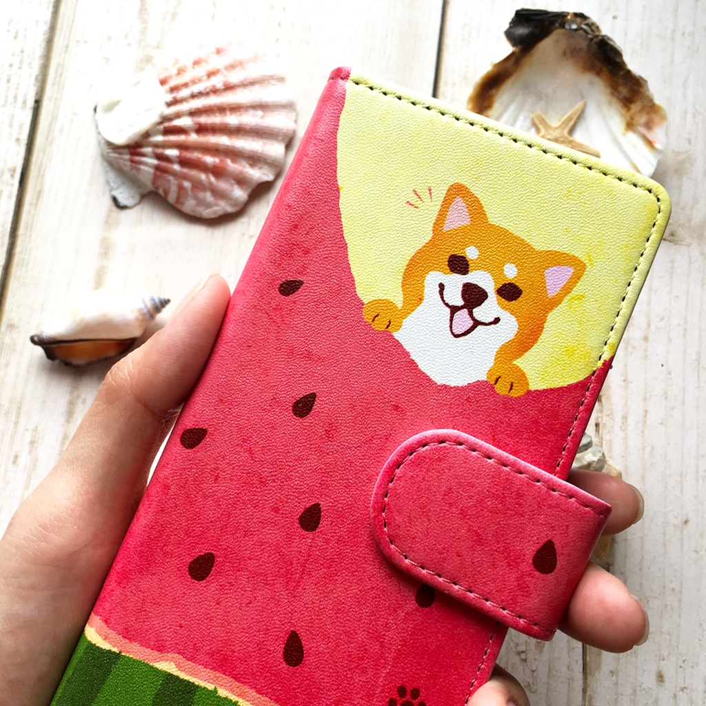 スイカが食べたい柴ちゃんのスマホケース(赤柴) 全機種対応 手帳型 スマホケース iphone14 iphone16e iPhone17 air 犬 柴犬 夏 スイカ iphone15