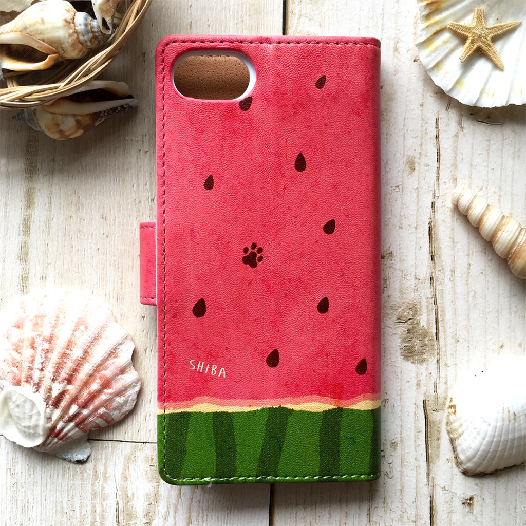 スイカが食べたい柴ちゃんのスマホケース(赤柴) 全機種対応 手帳型 スマホケース iphone14 iphone16e iPhone17 air 犬 柴犬 夏 スイカ iphone15