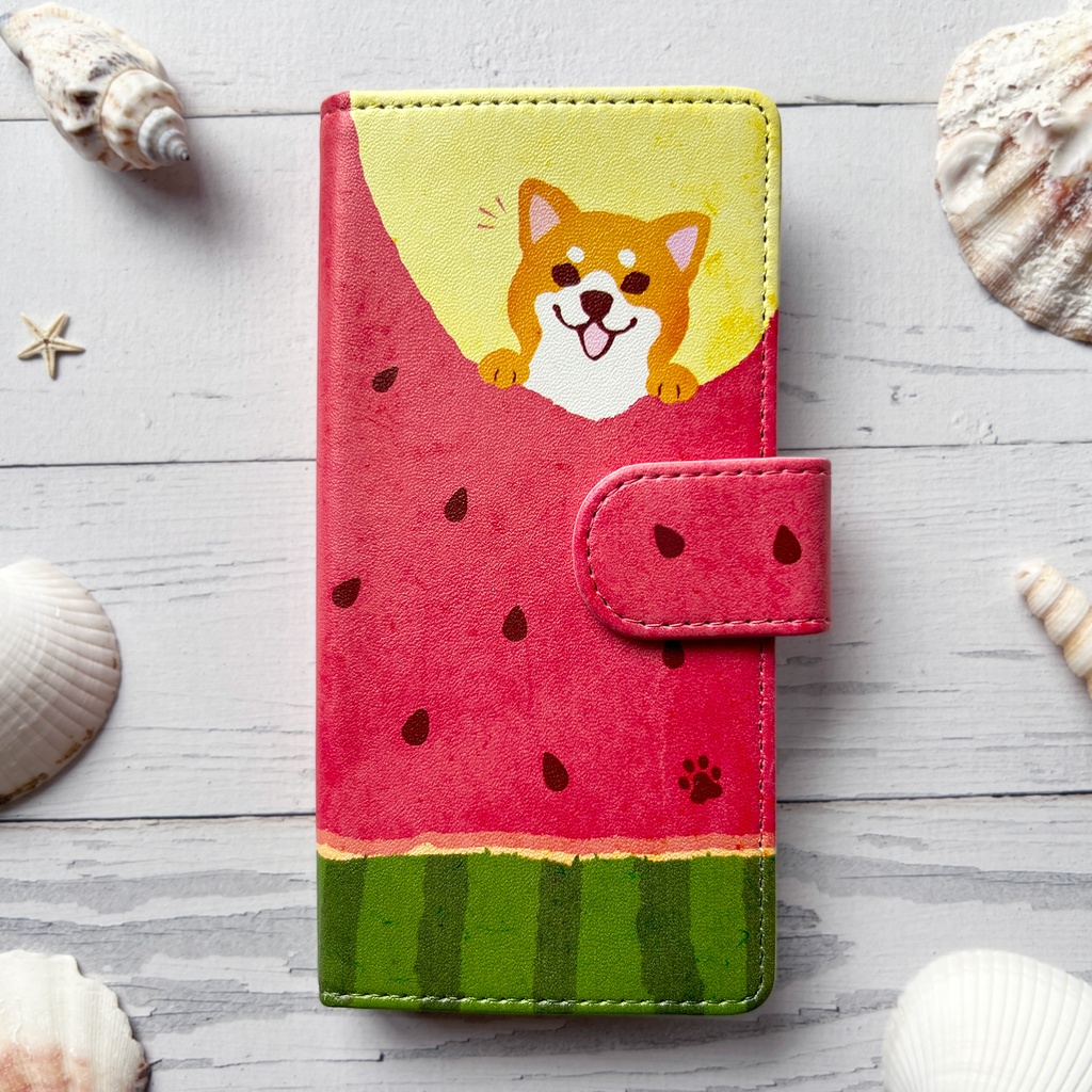 スイカが食べたい柴ちゃんのスマホケース(赤柴) 全機種対応 手帳型 スマホケース iphone14 iphone16e iPhone17 air 犬 柴犬 夏 スイカ iphone15