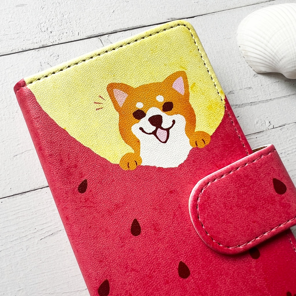 スイカが食べたい柴ちゃんのスマホケース(赤柴) 全機種対応 手帳型 スマホケース iphone14 iphone16e iPhone17 air 犬 柴犬 夏 スイカ iphone15