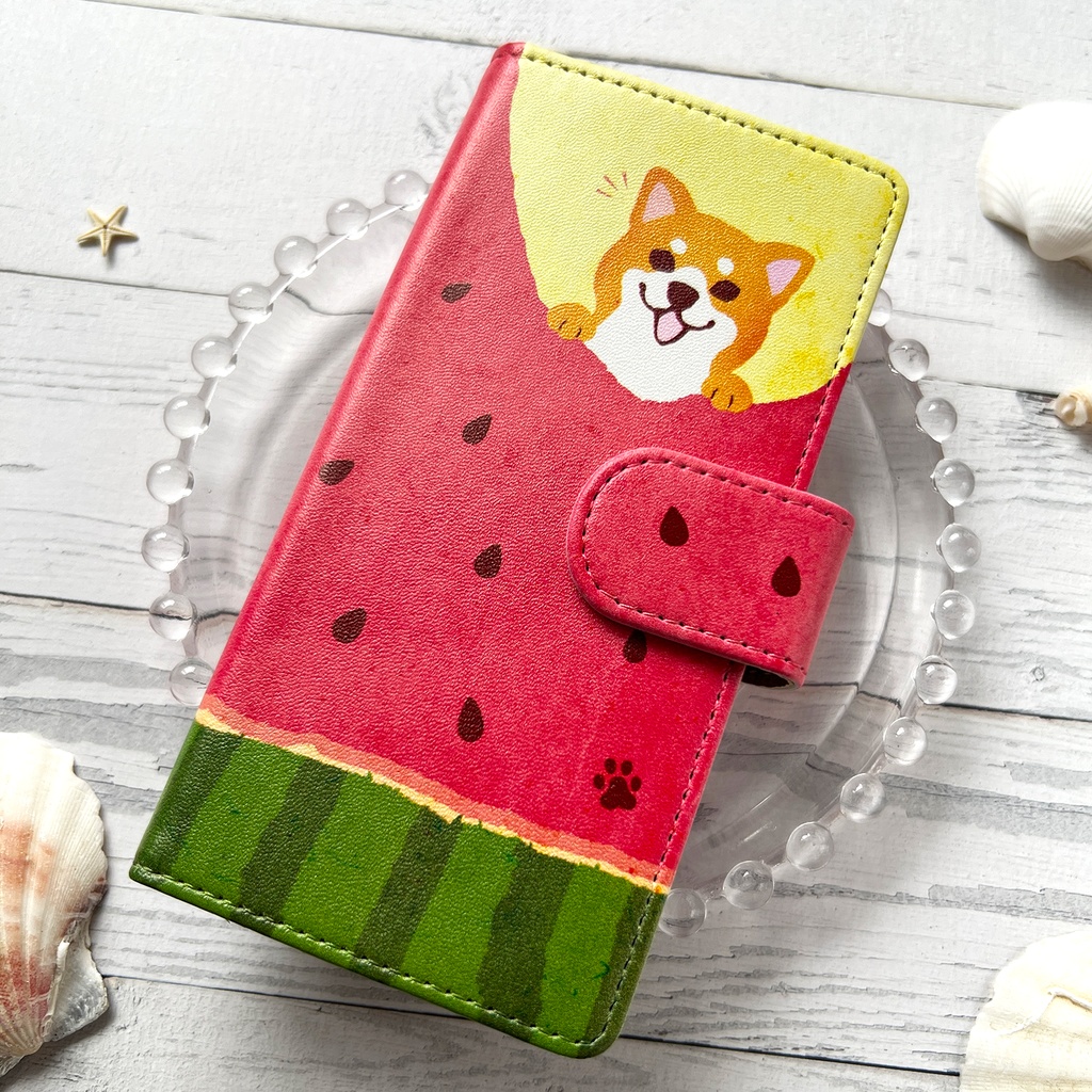 スイカが食べたい柴ちゃんのスマホケース(赤柴) 全機種対応 手帳型 スマホケース iphone14 iphone16e iPhone17 air 犬 柴犬 夏 スイカ iphone15