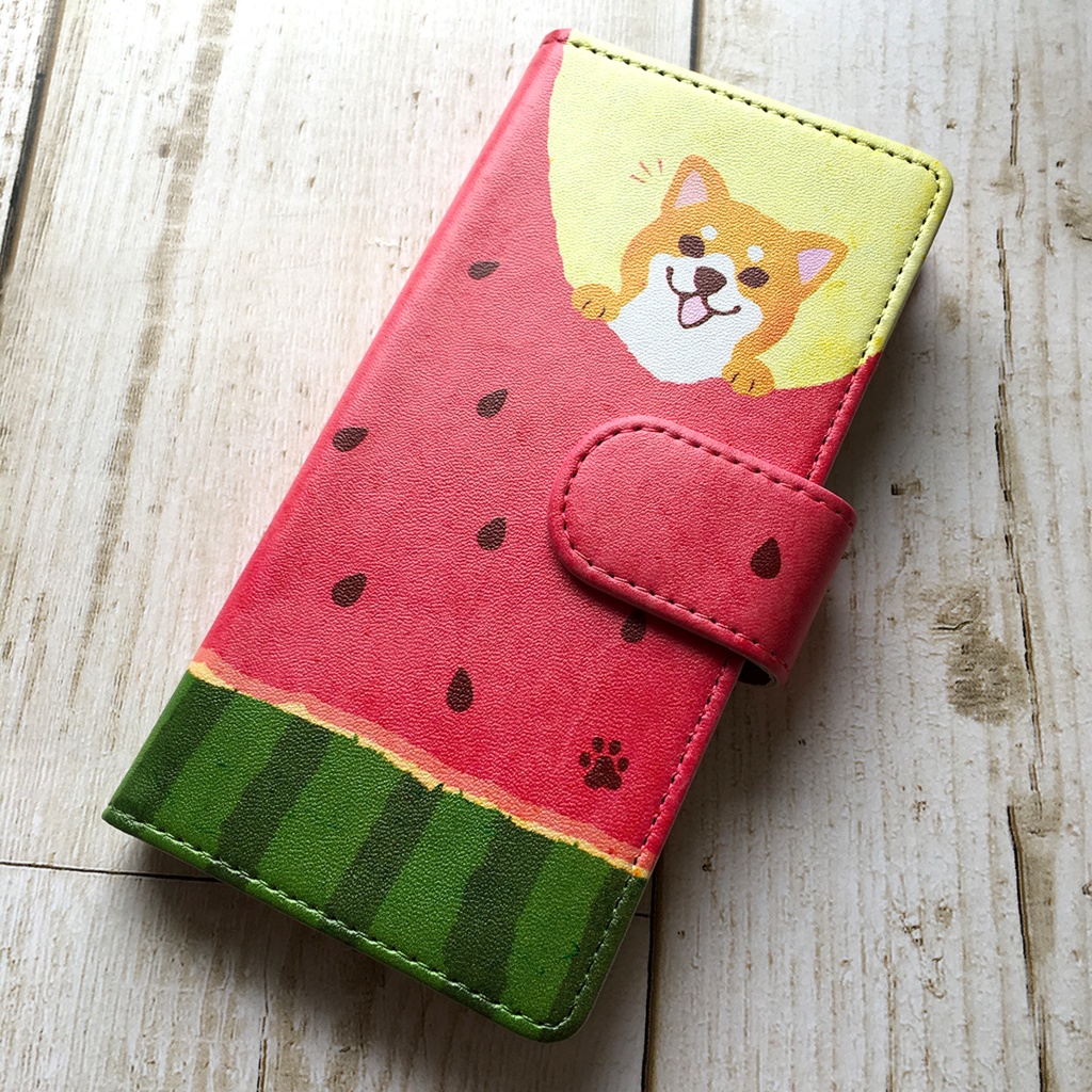 スイカが食べたい柴ちゃんのスマホケース(赤柴) 全機種対応 手帳型 スマホケース iphone14 iphone16e iPhone17 air 犬 柴犬 夏 スイカ iphone15