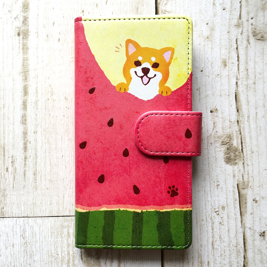 スイカが食べたい柴ちゃんのスマホケース(赤柴) 全機種対応 手帳型 スマホケース iphone14 iphone16e iPhone17 air 犬 柴犬 夏 スイカ iphone15