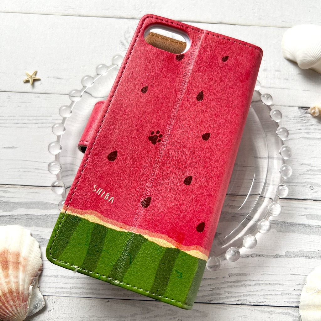 スイカが食べたい柴ちゃんのスマホケース(赤柴) 全機種対応 手帳型 スマホケース iphone14 iphone16e iPhone17 air 犬 柴犬 夏 スイカ iphone15