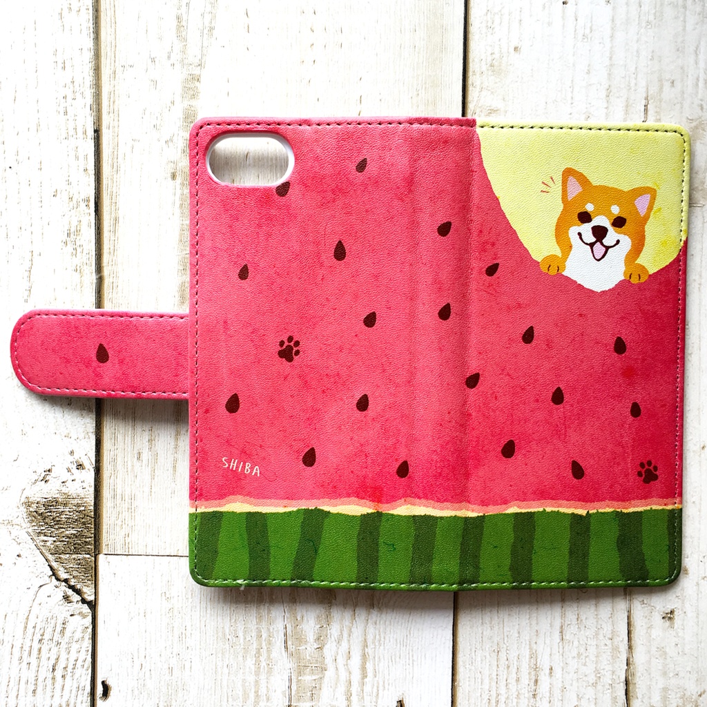 スイカが食べたい柴ちゃんのスマホケース(赤柴) 全機種対応 手帳型 スマホケース iphone14 iphone16e iPhone17 air 犬 柴犬 夏 スイカ iphone15