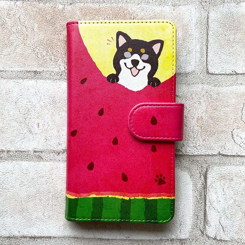 スイカが食べたい柴ちゃんのスマホケース(黒柴) 全機種対応 手帳型 iPhone17 air iphone14 iphone16e 犬 柴犬 夏 スイカ iphone15