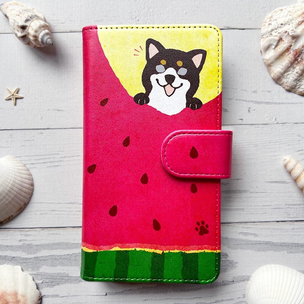 スイカが食べたい柴ちゃんのスマホケース（黒柴） 全機種対応 手帳型 iPhone17 air iphone14 iphone16e 犬 柴犬 夏 スイカ iphone15