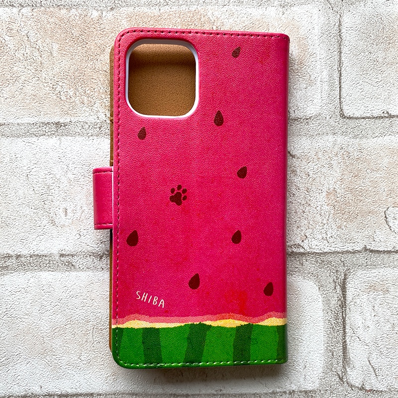 スイカが食べたい柴ちゃんのスマホケース(黒柴) 全機種対応 手帳型 iPhone17 air iphone14 iphone16e 犬 柴犬 夏 スイカ iphone15