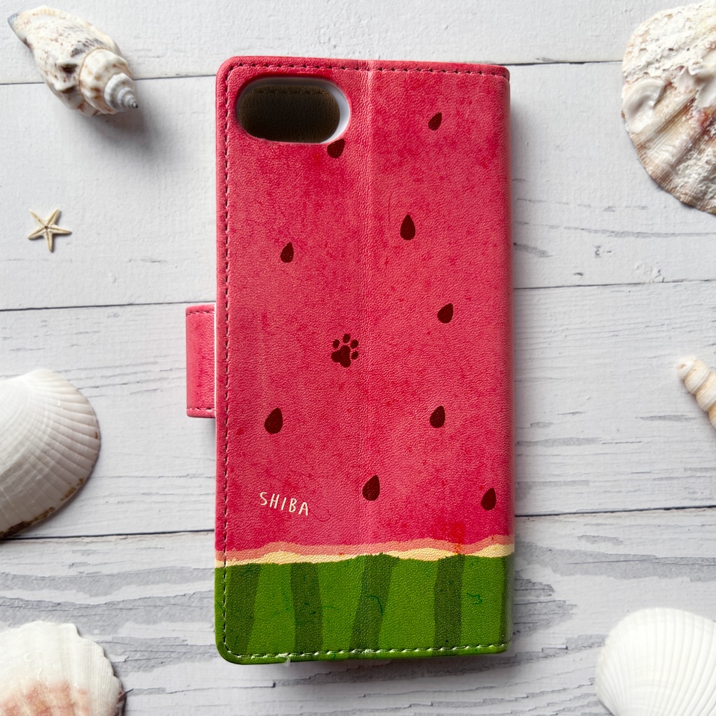 スイカが食べたい柴ちゃんのスマホケース(黒柴) 全機種対応 手帳型 iPhone17 air iphone14 iphone16e 犬 柴犬 夏 スイカ iphone15