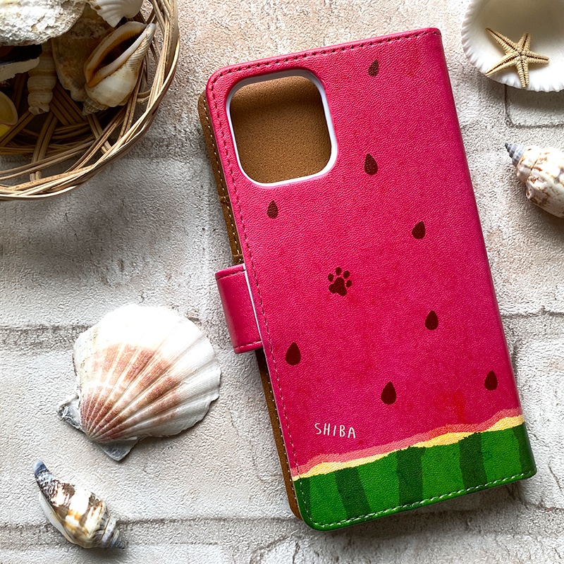 スイカが食べたい柴ちゃんのスマホケース(黒柴) 全機種対応 手帳型 iPhone17 air iphone14 iphone16e 犬 柴犬 夏 スイカ iphone15