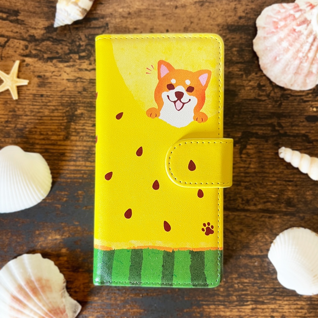 黄色いスイカが食べたい柴ちゃんのスマホケース 全機種対応 手帳型 スマホケース iphone14 iphone16e 犬 柴犬 夏 スイカ iphone15