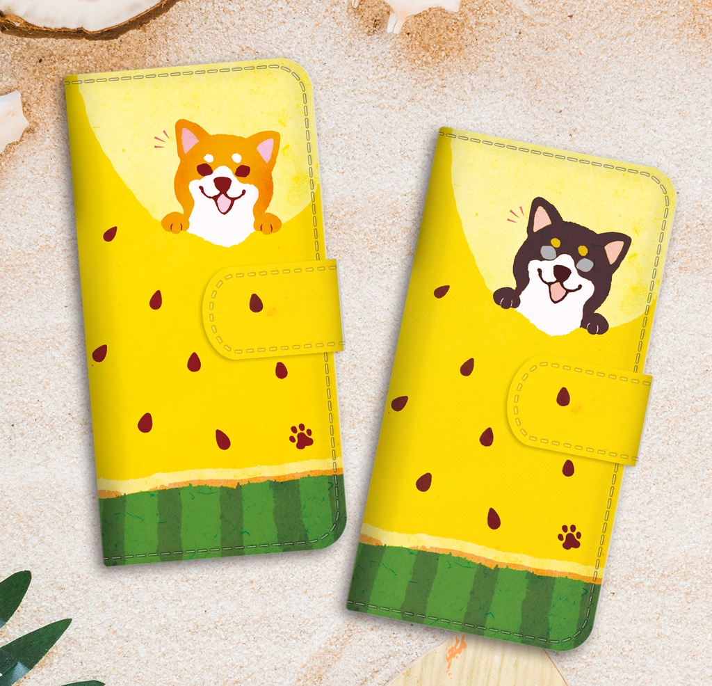 黄色いスイカが食べたい柴ちゃんのスマホケース(黒柴) 全機種対応 手帳型 スマホケース iphone14 iphone16e iPhone17 air 犬 柴犬 夏 スイカ iphone15