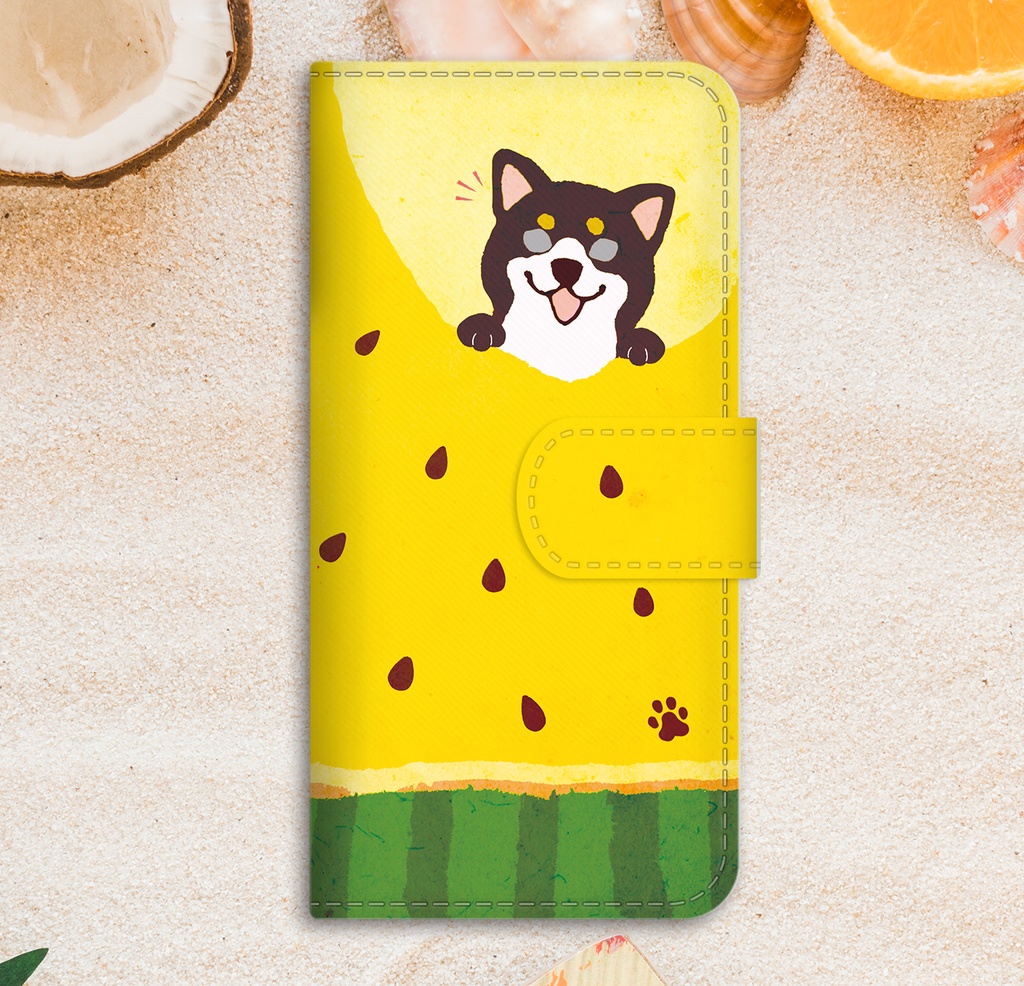 黄色いスイカが食べたい柴ちゃんのスマホケース(黒柴) 全機種対応 手帳型 スマホケース iphone14 iphone16e iPhone17 air 犬 柴犬 夏 スイカ iphone15