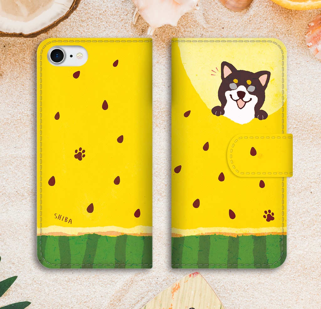 黄色いスイカが食べたい柴ちゃんのスマホケース(黒柴) 全機種対応 手帳型 スマホケース iphone14 iphone16e iPhone17 air 犬 柴犬 夏 スイカ iphone15