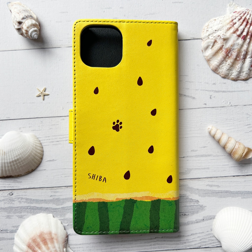 黄色いスイカが食べたい柴ちゃんのスマホケース(黒柴) 全機種対応 手帳型 スマホケース iphone14 iphone16e iPhone17 air 犬 柴犬 夏 スイカ iphone15