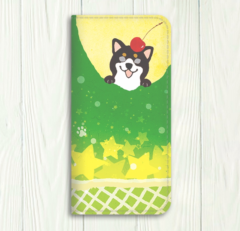 不思議なメロンソーダと柴ちゃんの手帳型ケース(黒柴) iphone16e iphone14 iphone15 全機種対応 犬 柴犬