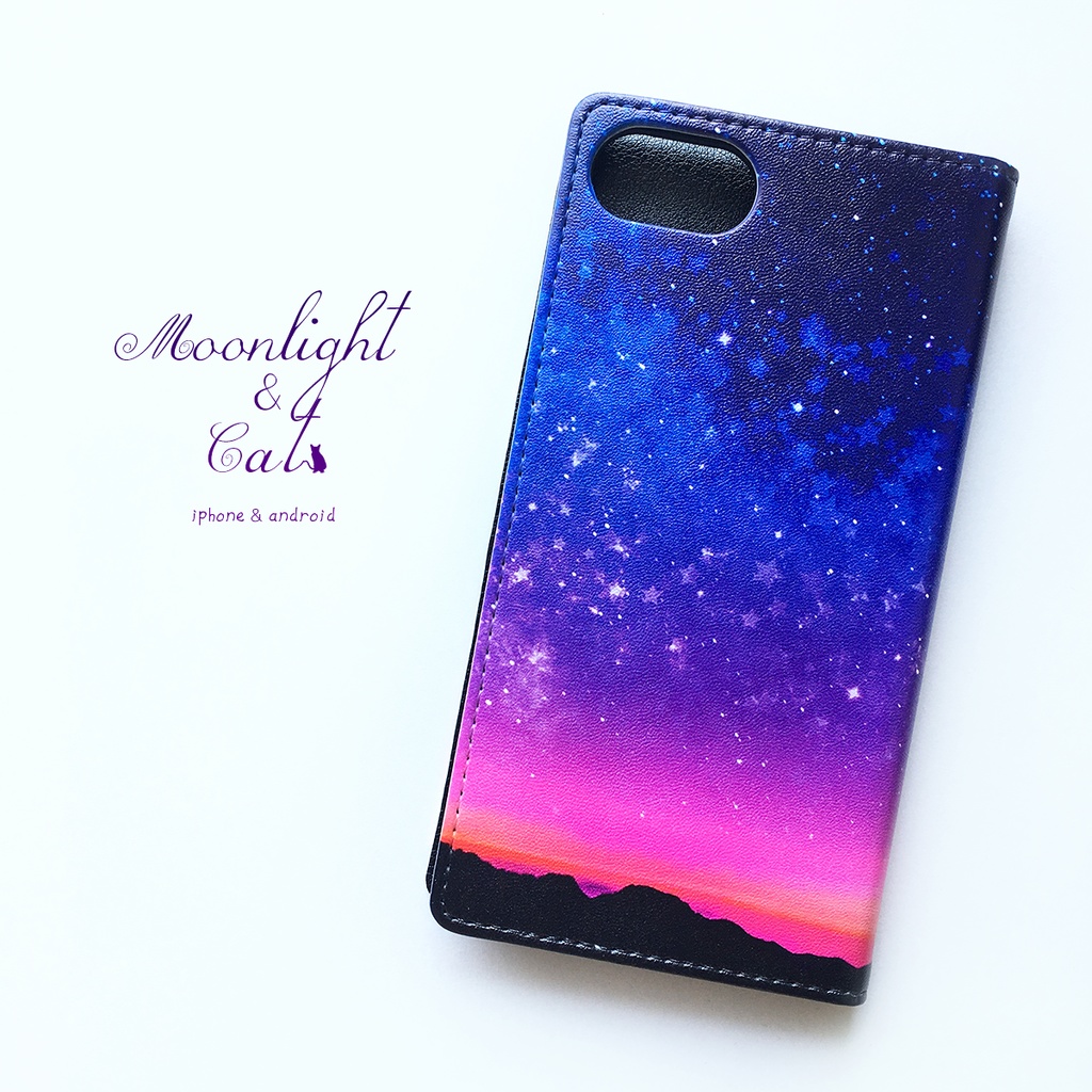満月とねこの手帳型スマホケース(パープル) iphone16e iphone14 iphone15 全機種対応 猫 スマホケース 黒猫
