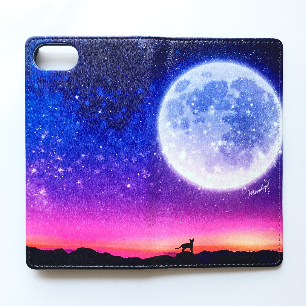 満月とねこの手帳型スマホケース(パープル) iphone16e iphone14 iphone15 全機種対応 猫 スマホケース 黒猫