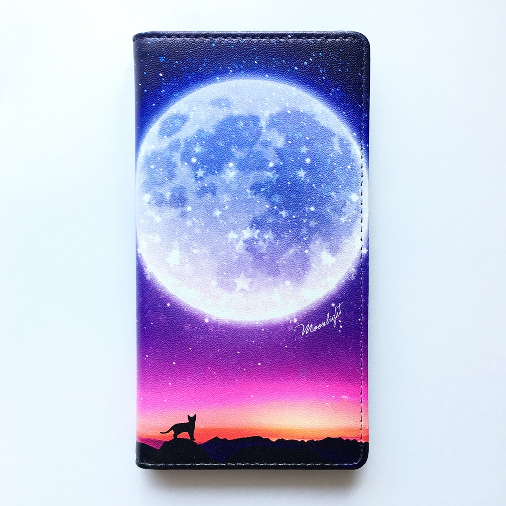 満月とねこの手帳型スマホケース(パープル) iphone16e iphone14 iphone15 全機種対応 猫 スマホケース 黒猫