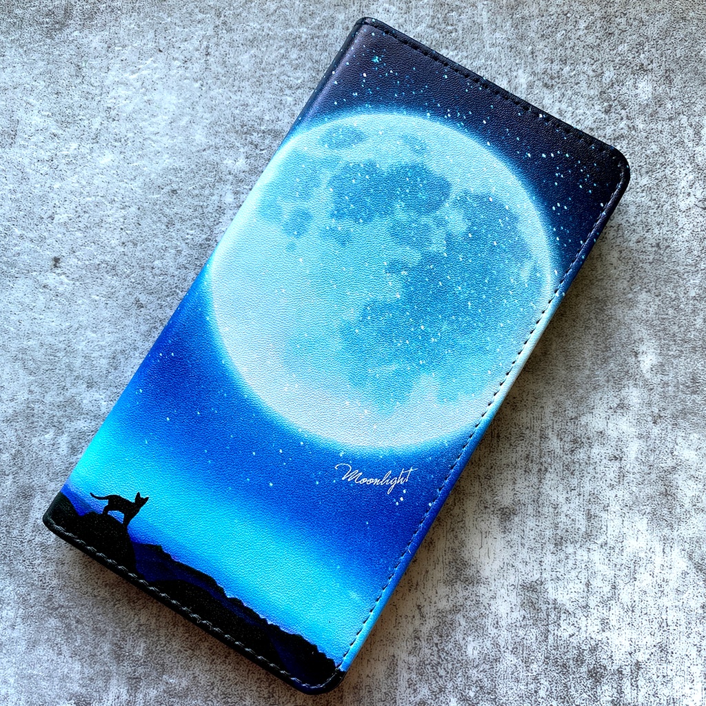 満月とねこの手帳型スマホケース(ライトブルー) iphone16e iphone14 iphone15 全機種対応 猫 スマホケース 黒猫