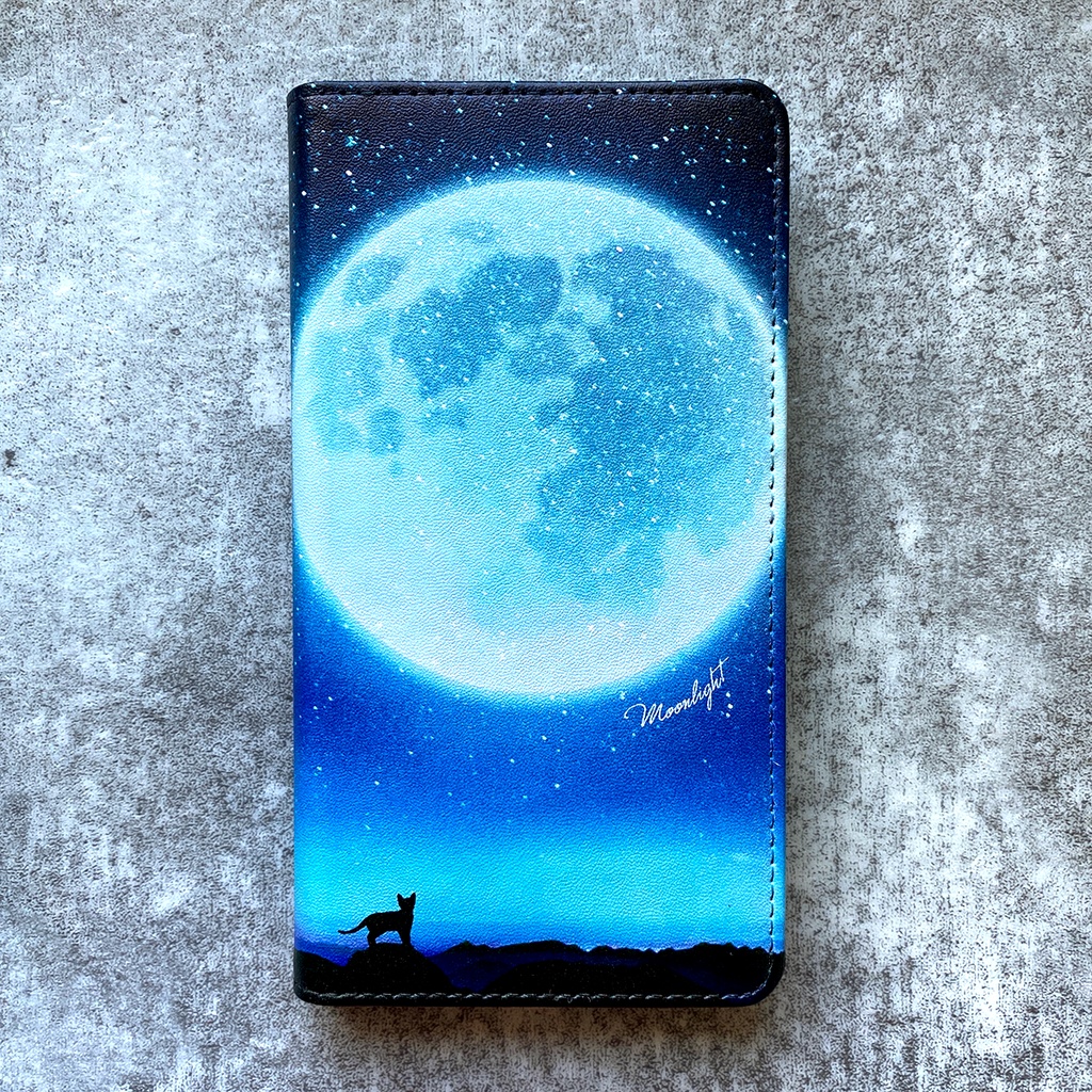 満月とねこの手帳型スマホケース(ライトブルー) iphone16e iphone14 iphone15 全機種対応 猫 スマホケース 黒猫