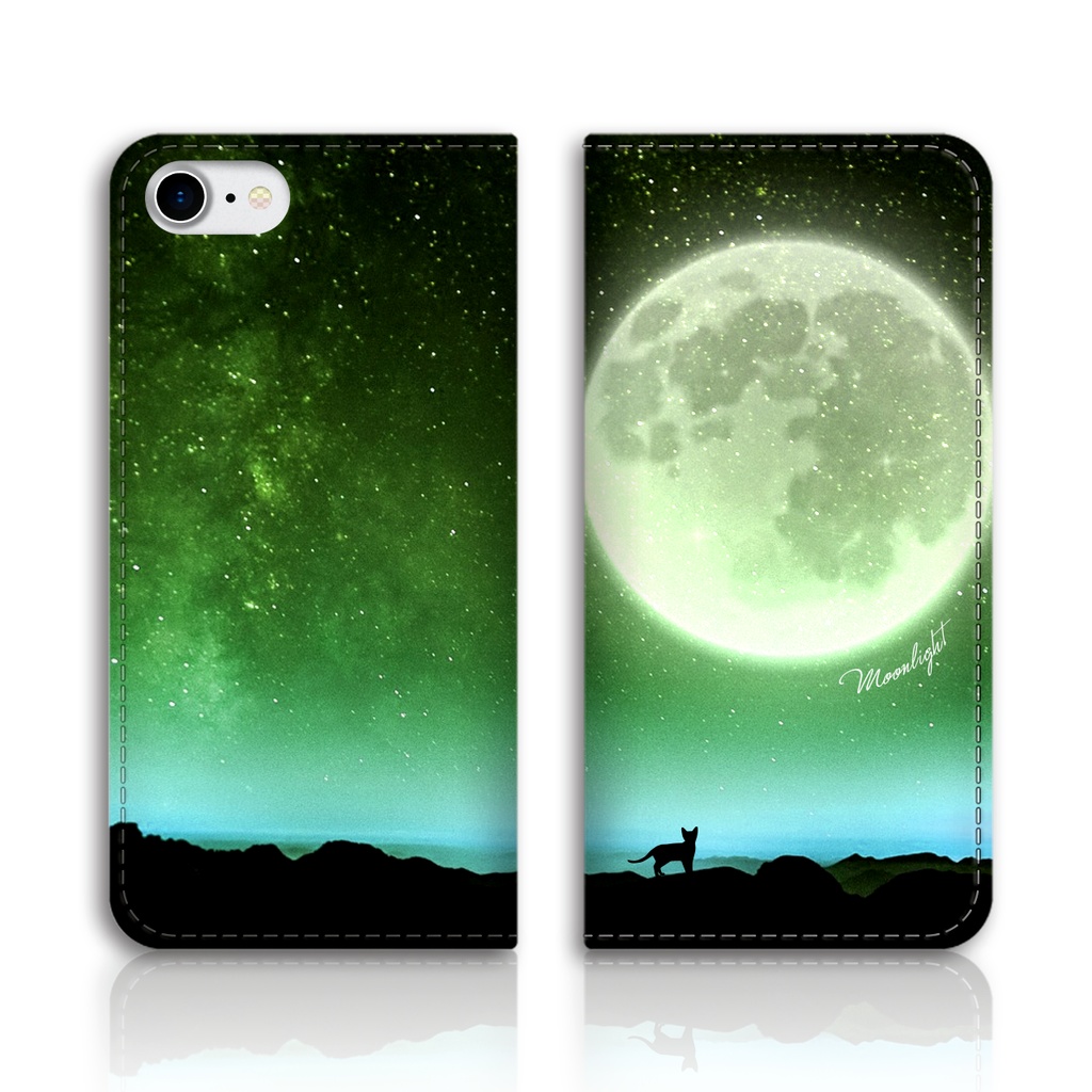 満月とねこの手帳型スマホケース(グリーン) iphone16e iphone14 iphone15 全機種対応 猫 スマホケース 黒猫