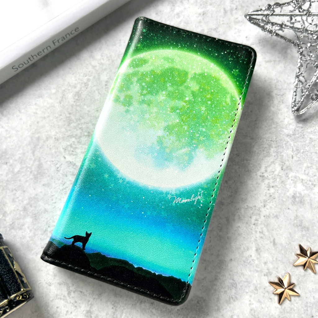 満月とねこの手帳型スマホケース(グリーン) iphone16e iphone14 iphone17 全機種対応 猫 スマホケース 黒猫