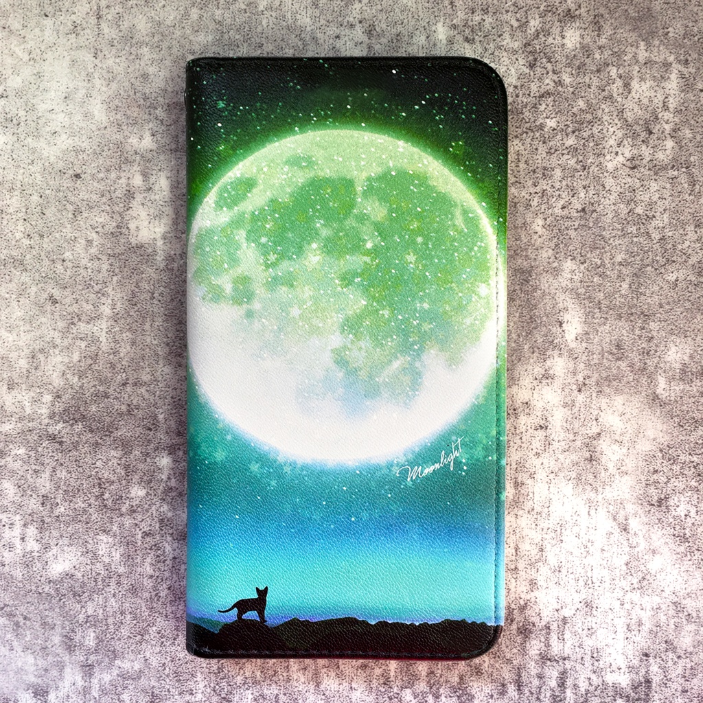 満月とねこの手帳型スマホケース(グリーン) iphone16e iphone14 iphone15 全機種対応 猫 スマホケース 黒猫
