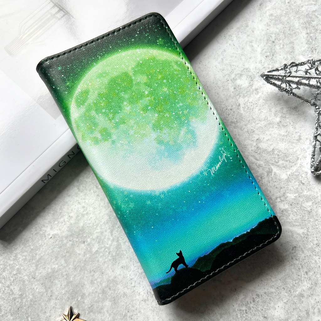 満月とねこの手帳型スマホケース(グリーン) iphone16e iphone14 iphone17 全機種対応 猫 スマホケース 黒猫