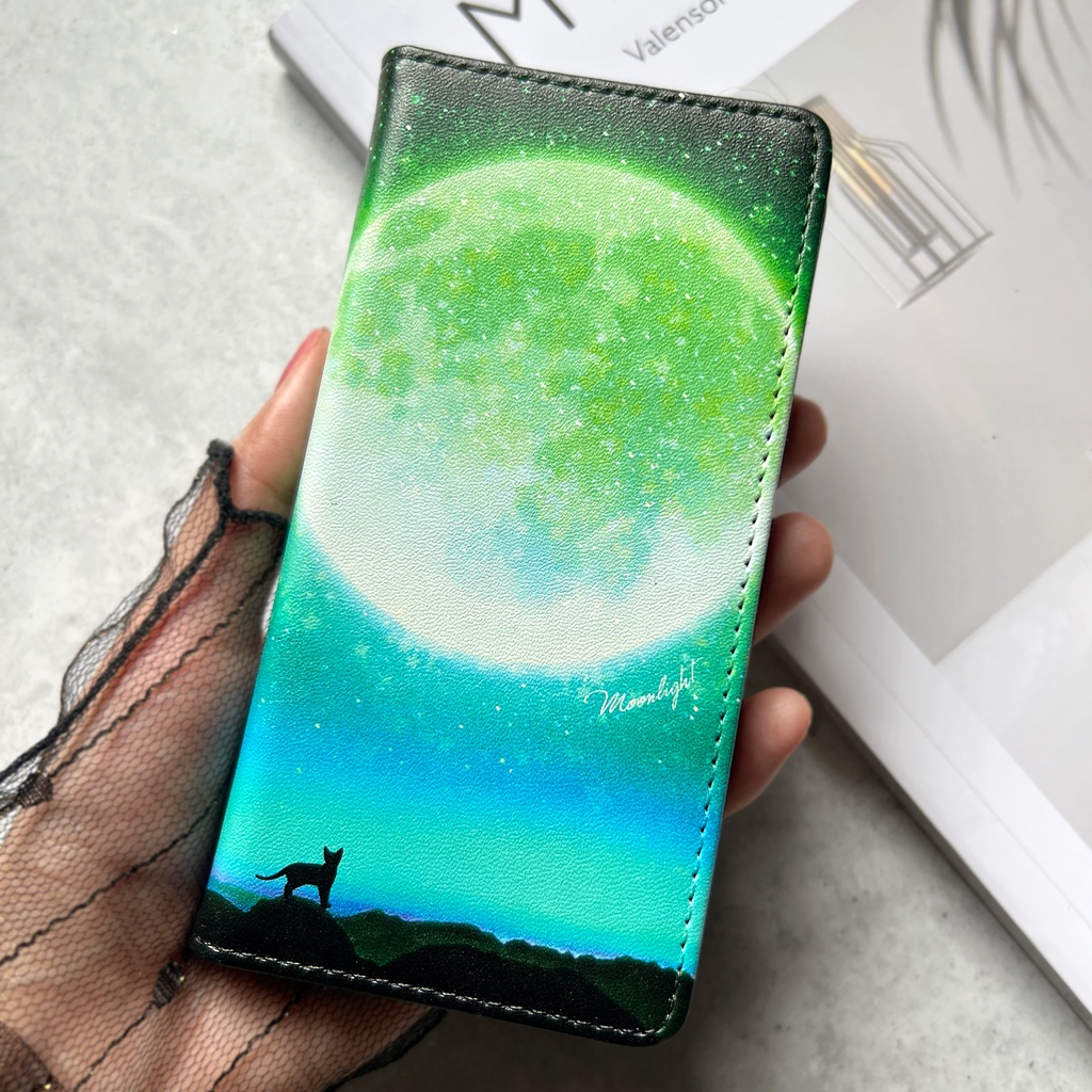 満月とねこの手帳型スマホケース(グリーン) iphone16e iphone14 iphone17 全機種対応 猫 スマホケース 黒猫
