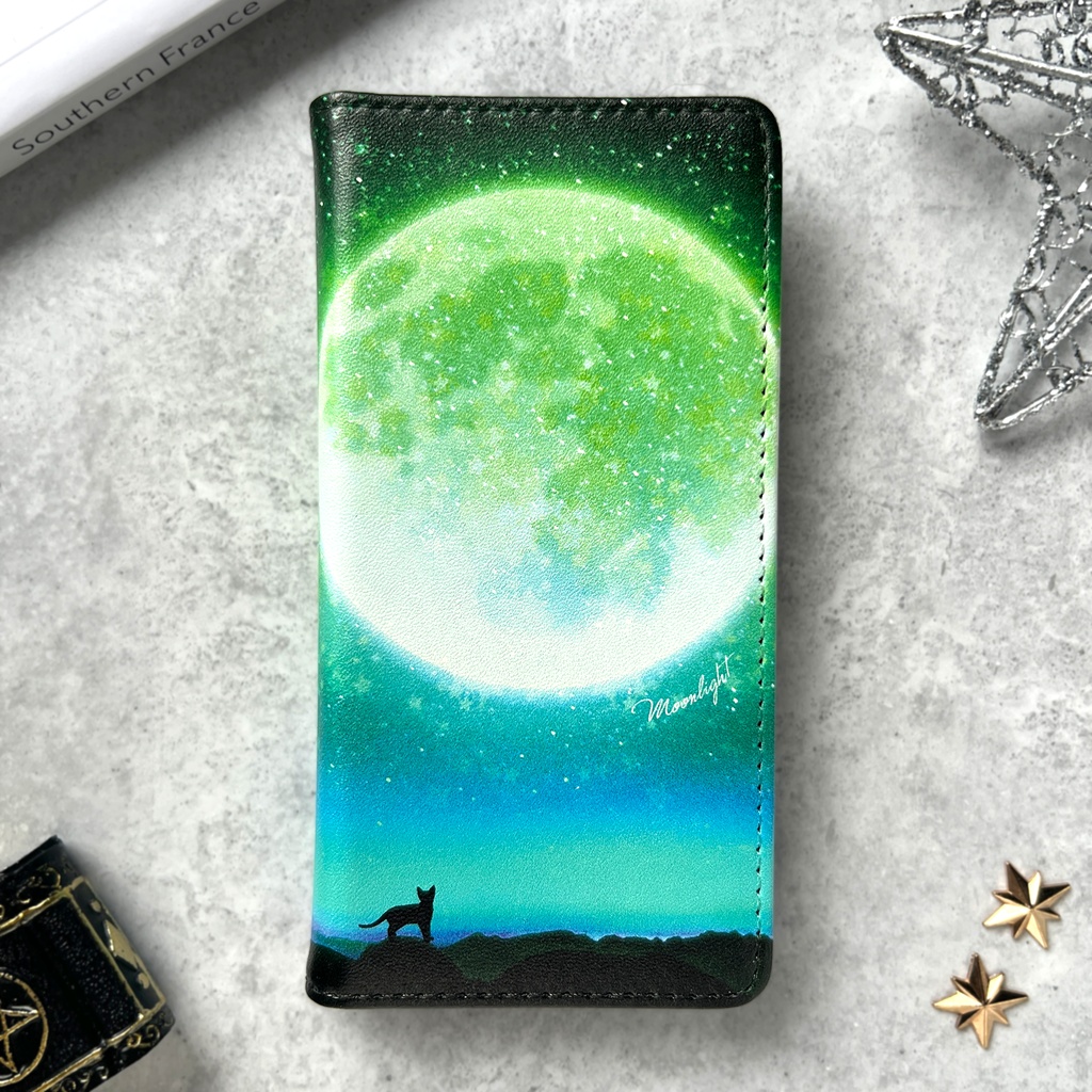 満月とねこの手帳型スマホケース(グリーン) iphone16e iphone14 iphone17 全機種対応 猫 スマホケース 黒猫