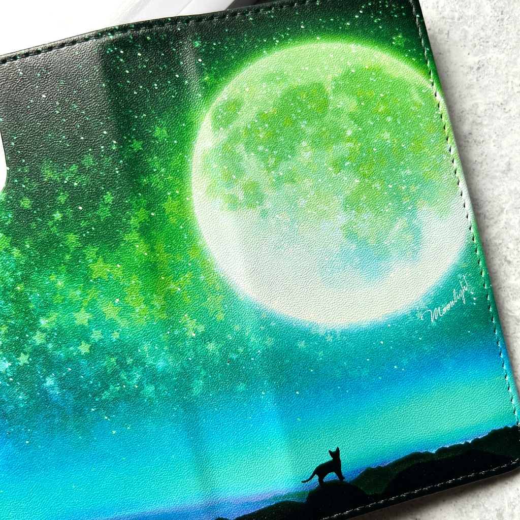 満月とねこの手帳型スマホケース(グリーン) iphone16e iphone14 iphone17 全機種対応 猫 スマホケース 黒猫